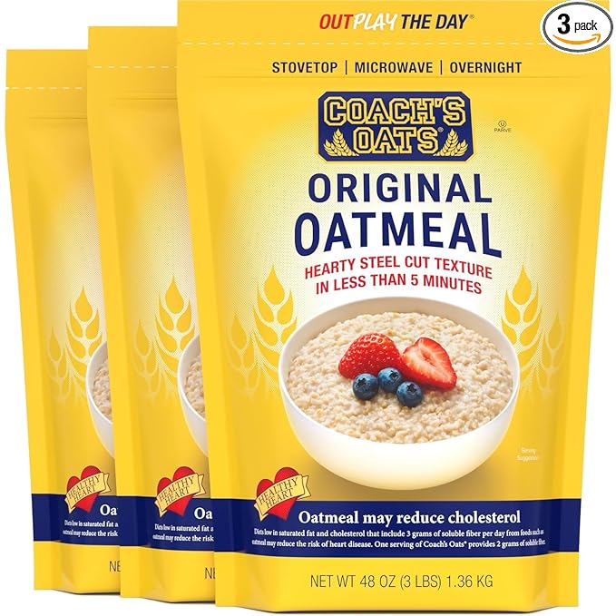 COACH'S OATS Whole Grain Oatmeal (48 oz) Pack of 3 | Cracked n’ Toasted | Quick-Cooking Steel Cut Texture | Heart-Healthy Delicious Breakfast | Microwavable Stovetop Overnight Oatmeal