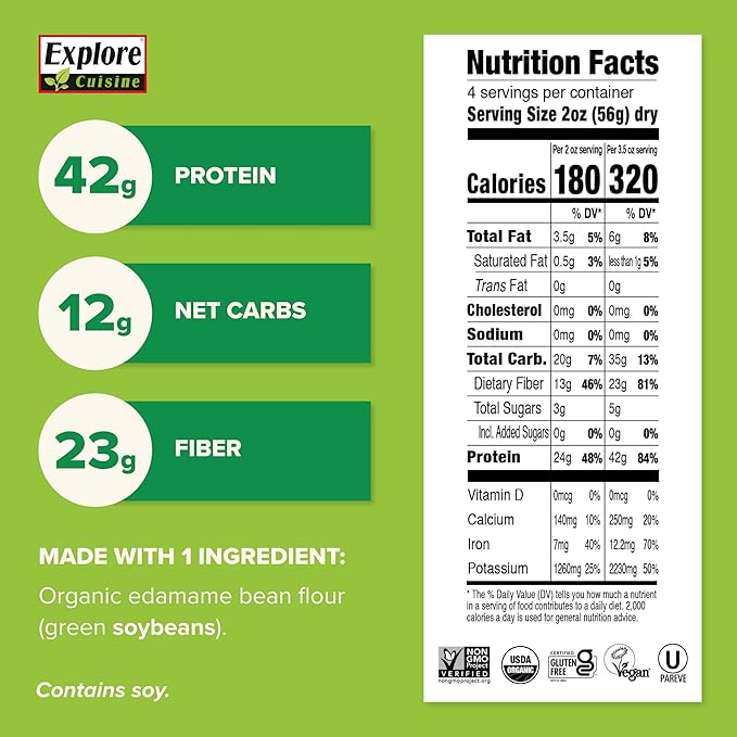 Explore Cuisine Organic Edamame Spaghetti - 8 oz Pack of 4 - Easy-to-Make Pasta - High in Plant-Based Protein - Non-GMO Gluten Free Vegan Kosher - 16 Total Servings