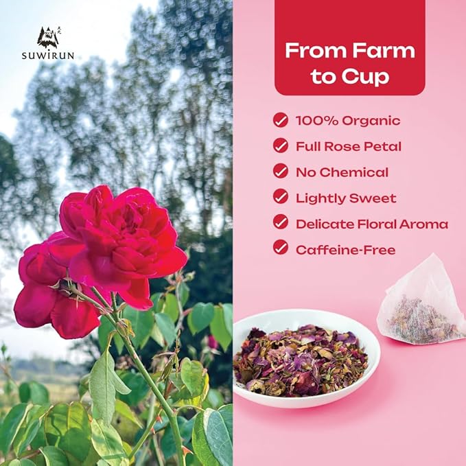 Suwirun Organic Rose Tea 25 Bags – 100% Pure Rose Petals – Delicate Floral Aroma Naturally Caffeine-Free – Relaxing Herbal Tea Enjoy Hot or Cold