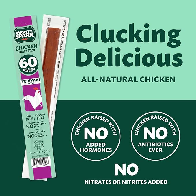 Mighty Spark Chicken Snack Sticks - Teriyaki - 5g of Protein No Hormones Added Gluten Free Soy Free Meat Sticks - High Protein Keto Snacks Weight Watchers Approved Snacks - 48 Count