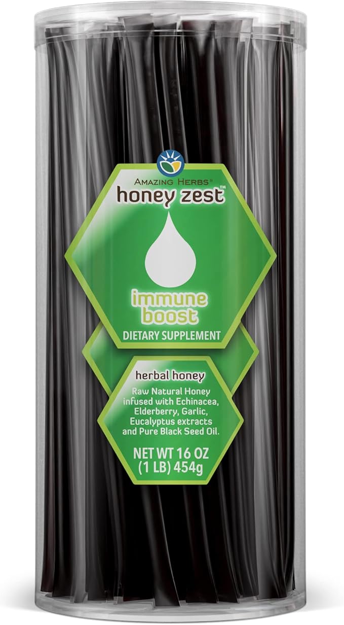 Amazing Herbs Raw Natural Honey - Herbal Honey Infused with Echinacea Elderberry Garlic Eucalyptus Extracts &amp Pure Black Seed Oil Non GMO Gluten Free - Honeyzest Immune Boost Straws 100 Coun