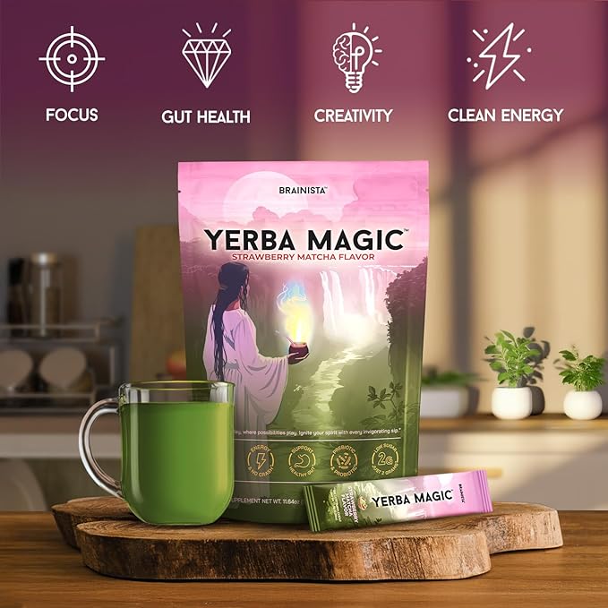 Yerba Magic Yerba Mate Powder Packets - Instant Clean Energy &amp Focus Drink Mix for Gut Health - Nootropic Blend with Lion’s Mane L-Theanine Prebiotics &amp Probiotics - Low Sugar Natural Caffei