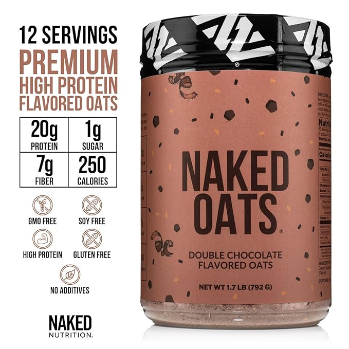 Naked Oats - Double Chocolate Overnight Oats 20g Grass-Fed Protein Gluten-Free Oatmeal Instant Breakfast or Shake High Protein Oatmeal High Fiber Breakfast Shake Non GMO No Soy - 12 Servings