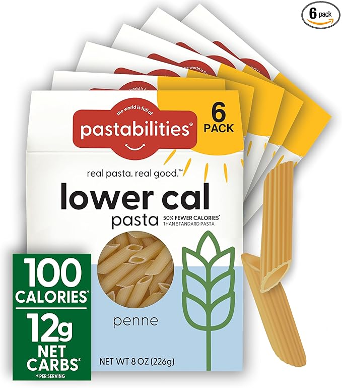 Pastabilities Lower Calorie Pasta Penne – 100 Calories/Serving Low Net Carbs Low Calorie Non-GMO High Fiber Vegan Plant-Based Enhanced Nutrients Delicious Taste &amp Texture (8 Ounce 6 Pack