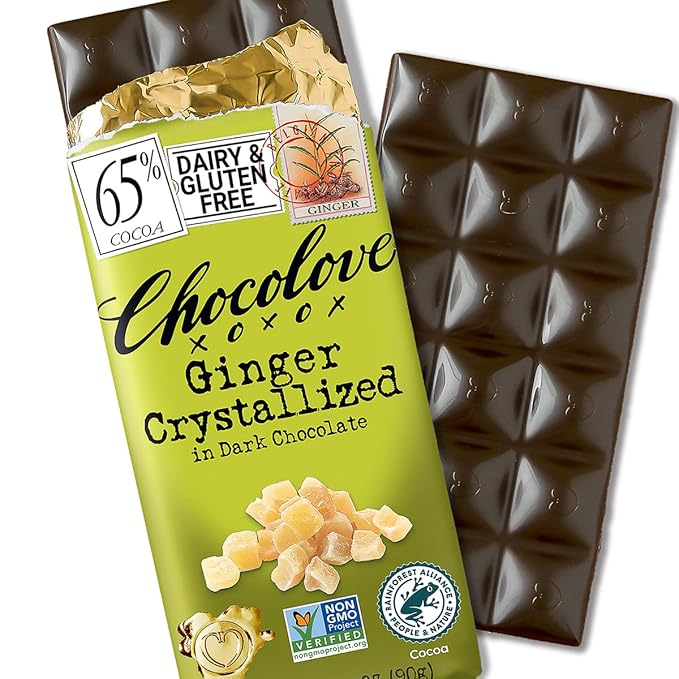 Chocolove Chocolate Bar Ginger Crystallized in Dark Chocolate 3.2 Ounce (Pack of 12)