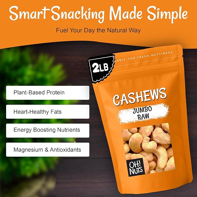 Oh! Nuts Raw Whole Unsalted Cashews - Raw - 100% Natural - 2 lb - Jumbo Cashews - Packed in New York Zip-Seal Bag for Exceptional Freshness