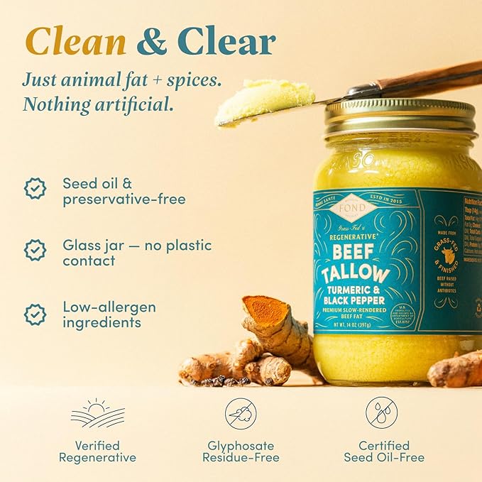 FOND Regenerative Grass-Fed Beef Tallow for Cooking – High Smoke Point Grass Fed Beef Tallow for Frying Sautéing &amp Roasting – Sustainably Sourced Seed Oil Free – Turmeric &amp Black Pepper 14