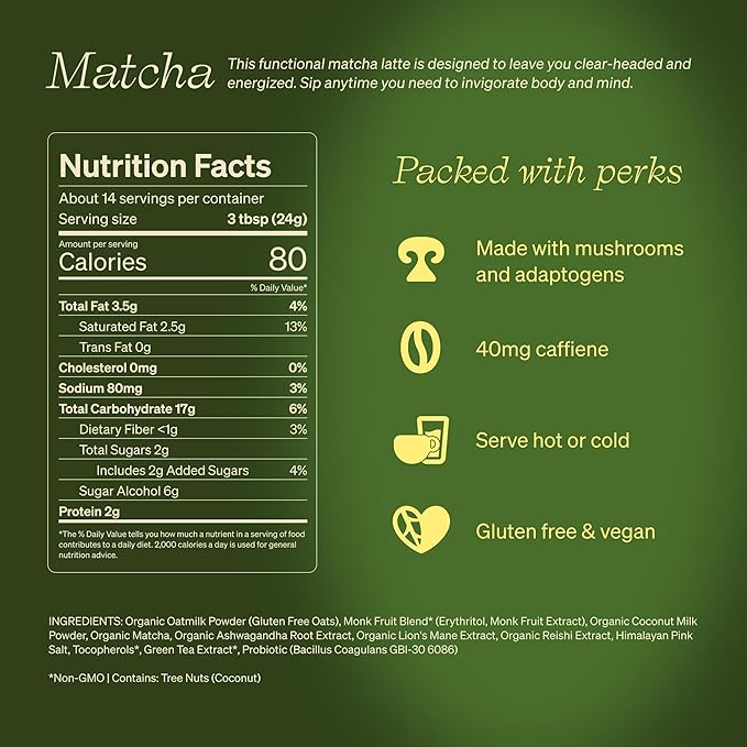 Clevr Matcha SuperLatte Instant Ceremonial Grade Superfood Powder Blend with Oat Milk Lions Mane Reishi Mushroom Coconut Cream Ashwagandha Serve Hot or Iced (14 Lattes)