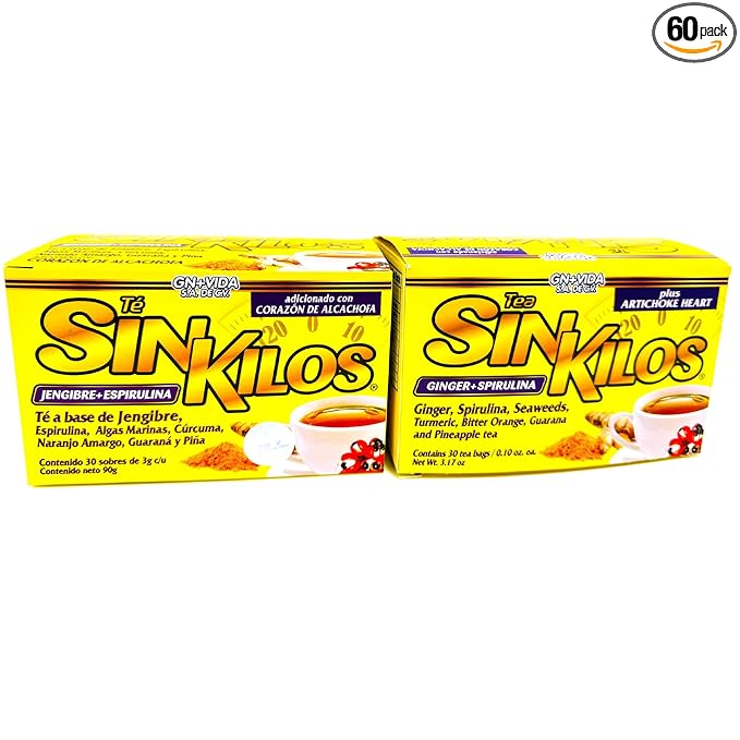 SinKilos Tea GN+Vida Cleansing Tea with Ginger Spirulina Turmeric Artichoke Orange and Pineapple Healthy Digestive Formula Caffeine Free All Natural Te Panza y Grasa Herbal | 2 Pack 60 Total