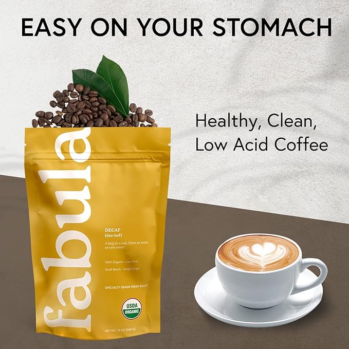Fabula Coffee Decaf Dark Roast Whole Beans - Organic - Low Acid - Single Origin - Non-GMO - Mold Free - 12 Ounce