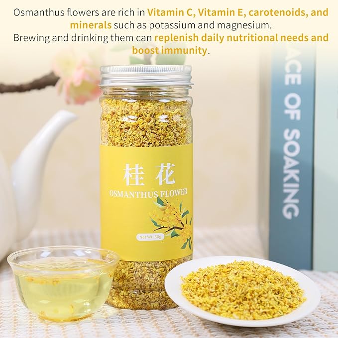 Wanhua Hall Pure Natural Osmanthus Flower Tea 1.76oz/50g Premium Osmanthus Fragrans Herb Gui Hua Dried Intact Blossoms Stem-Free Bright Golden Hue Rich Aroma 桂花 桂花干 无硫无杂