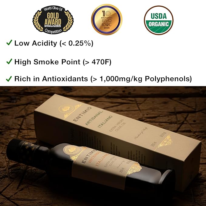 Entimio Intenso Organic Italian Extra Virgin Olive Oil from Italy 1000+ mg/kg High in Polyphenols 2025 Gold Winner Puglia Early Harvest evoo Cold Extracted Lab Tested - 8.5 fl oz