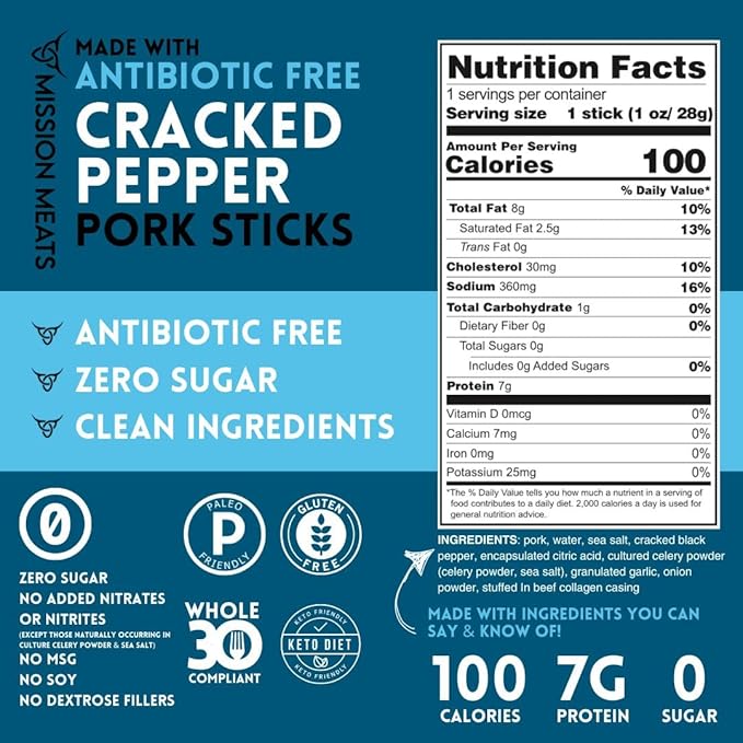 Mission Meats Pork Meat Sticks – Antibiotic Free Sugar Free Individually Wrapped AIP Friendly Delicious Healthy Snacks Paleo Whole 30 Cracked Pepper 1oz (12ct)