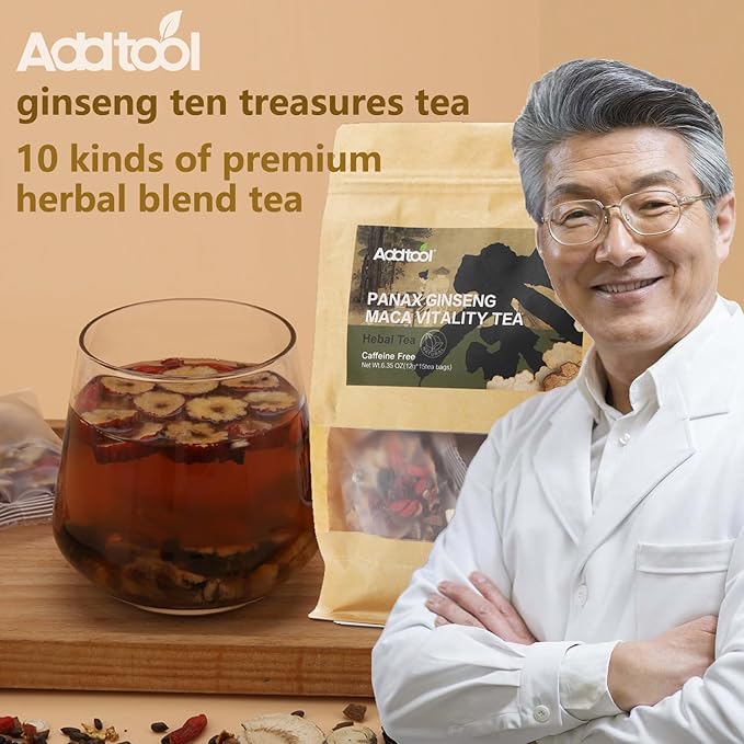Addtool Maca Ginseng Power Blend TeaGinseng-Infused ten Treasure Kidney Tea  for Women &amp Men。withReishi Red Date Wolfberry Mulberry Cassia seedPremium (180 grams / 15 packs) Each tea bag can b