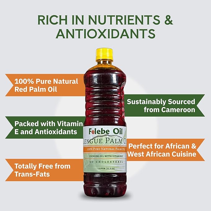 Folebe Oil 1L 100% Pure Natural Red Palm Oil – Authentic Cameroonian Palm Oil for Cooking – Cold-Pressed from Palm Pulp – Rich in Nutrients Carotenoids Natural Vitamin E
