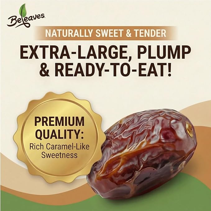 Beleaves Premium Medjool Dates 8 oz (4 Pack) | Vegan Gluten Free Kosher Nothing Artificial | Healthy Snack Baking &amp Salad Ingredient | Naturally Sweet Caramel-Like Flavor