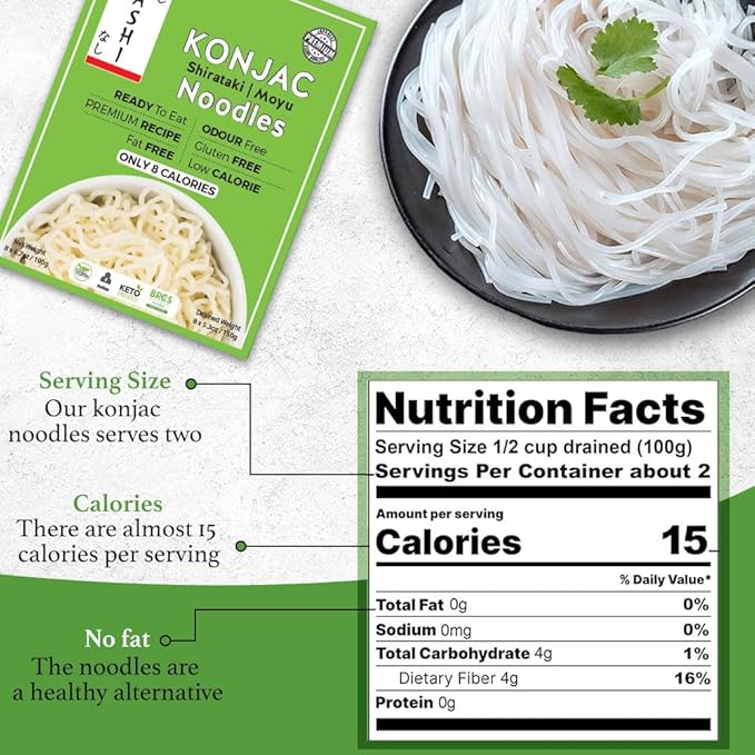 Nashi Shirataki Konjac Premium Noodles - Low Fat Glucomannan Premium Recipe Keto friendly Suitable for Vegan Odour Free low calorie food | Ready to Eat | 53.61 oz (Pack of 8)