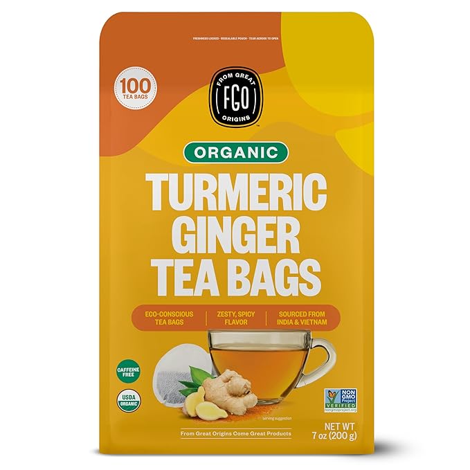 FGO Organic Turmeric Ginger Tea Eco-Conscious Tea Bags 100 Count Packaging May Vary (Pack of 1)