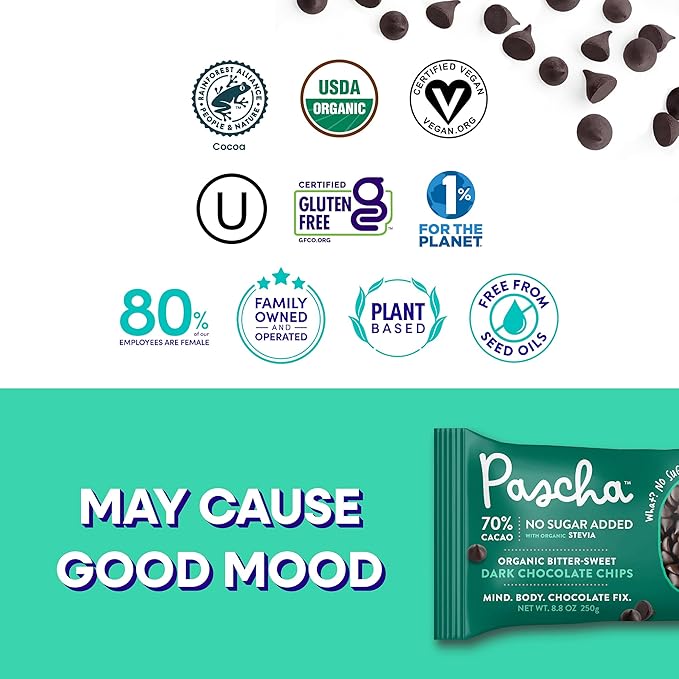 Pascha Organic 70% Cacao Baking Chips - Sugar-Free Dark Chocolate - Keto Vegan Bittersweet Chips with Organic Stevia &amp Erythritol - Rainforest Alliance Certified - Allergen-Free (Pack of 6)
