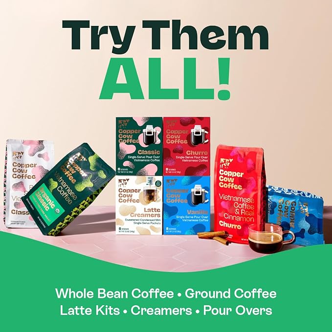Copper Cow Vietnamese Coffee Variety Pack (15 Coffees &amp 15 Creamers)| Classic Churro &amp Vanilla Latte | Pour Over Single-Serve Lattes No Refrigeration Needed Travel Friendly Ground Coffee