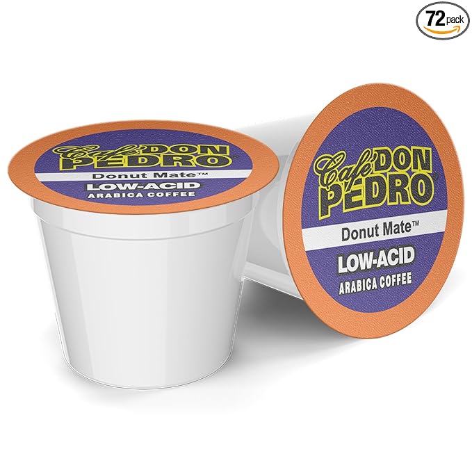 Cafe Don Pedro Donut Mate - Low Acid Coffee K Cups for Sensitive Stomach 100% Natural Arabica Light &amp Medium-Light Roast Improved Pods - No More Leaks 72 Count