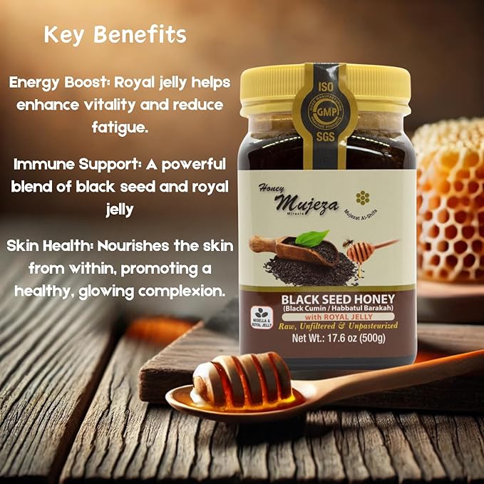 Black Seed Honey with Royal Jelly - Not Mixed with Oil or Powder - Gluten Free - Non GMO - Organic Honey - Immune Booster - 100% Natural Raw Honey (500g /17.6oz)