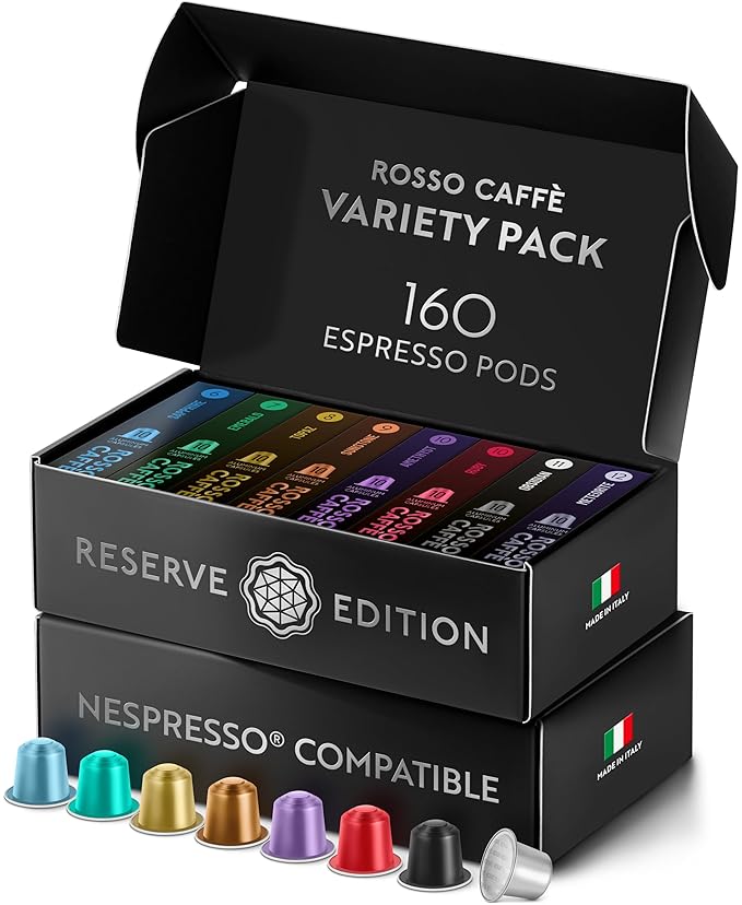 ROSSO CAFFÈ Espresso Coffee Pods Compatible with Nespresso Original Machines Reserve Variety Pack 160 Capsules - Made in Italy