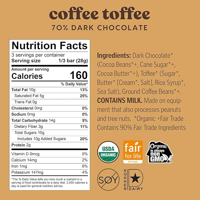 Theo Chocolate Coffee Toffee Organic Dark Chocolate Bar 70% Cacao 12 Pack | Fair Trade