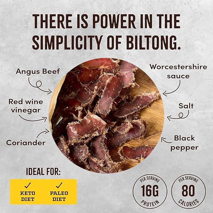Howdysnax Handcrafted Authentic Small Batch Beef Biltong Traditional Slices 8oz. Sugar Free Paleo Keto Friendly High Protein Jerky Snack (4 8oz Packs)