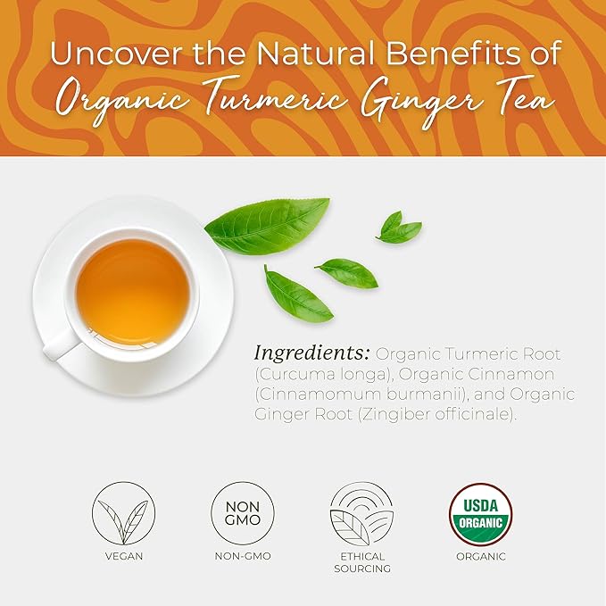 Starwest Botanicals Organic Turmeric Ginger Tea - Caffeine Free Herbal Tea with Turmeric Cinnamon &amp Ginger Tea with Antioxidant Properties String Free Sachets Non GMO - Bulk Pack 100 Tea Bag