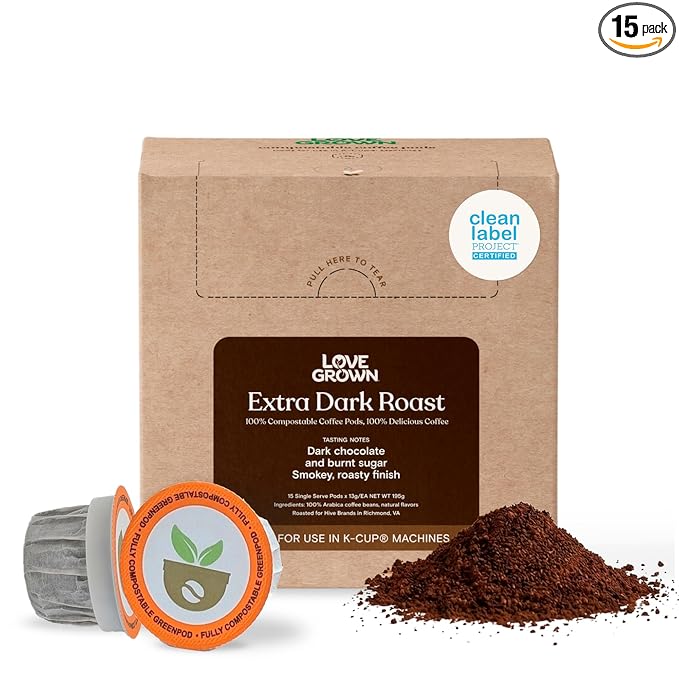 Love Grown Compostable Coffee Pods - Compatible With Most Major Coffee Pod Brewers - 100% Arabica Plastic-Free Non-GMO - Extra Dark Roast Box of 15