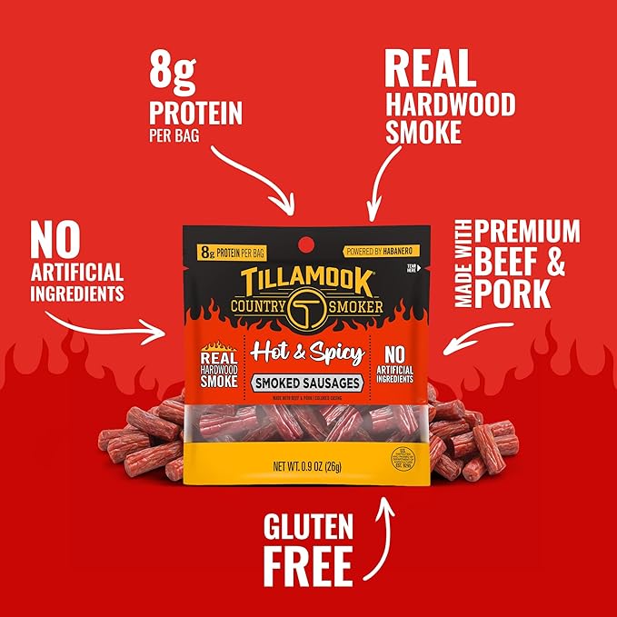 Tillamook Country Smoker Hot &amp Spicy Smoked Sausages 0.9 oz 24 Count Made with Beef &amp Pork Real Hardwood Smoked Protein-Packed Satisfying Taste On-the-Go Snacking