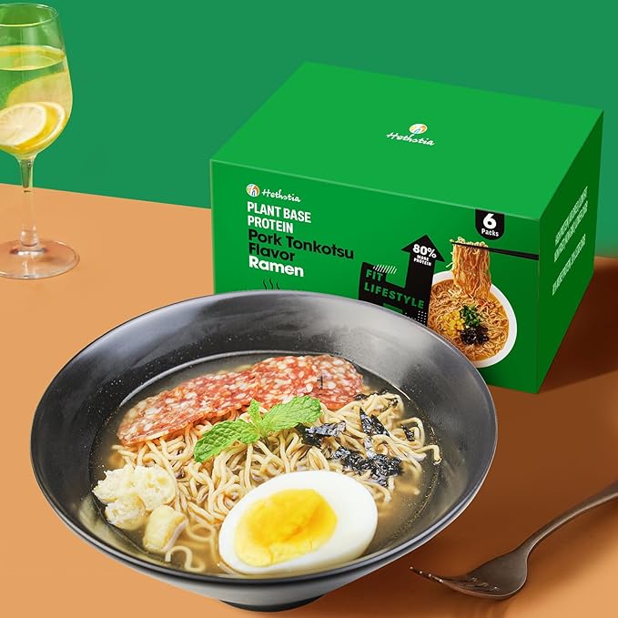 Hethstia High-Protein Ramen Soup 6 Packs Tonkotsu Flavor Instant Noodle Soup 31g Plant-Based Protein Non-GMO Vegan Low Fat Non-Fried Easy-to-Prepare Healthy Ramen