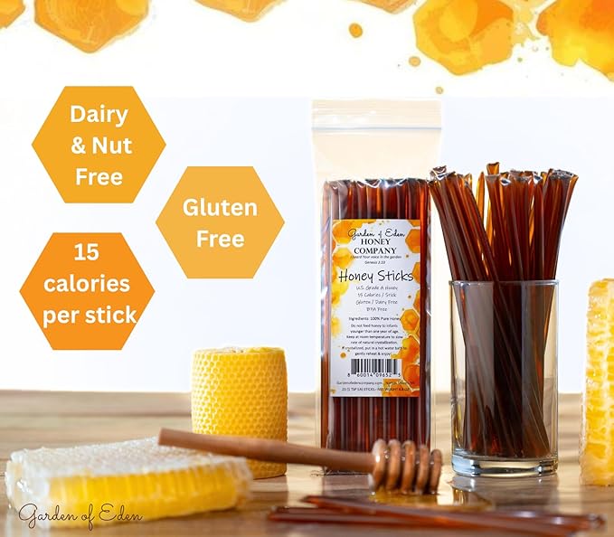 Garden of Eden Honey Company Pure Honey Sticks (100-Count) | Individual Natural Sweetener Straws for Tea &amp Coffee | Single-Serve Packets | Easter Basket gift