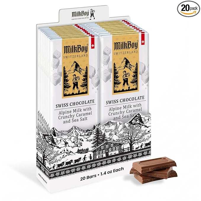 Milkboy Swiss Chocolates Milk Chocolates - Premium Alpine Milk Chocolate Bars with Crunchy Caramel &amp Sea Salt - Made in Switzerland - GMO Free - Each 1.4 oz - 20 Pack