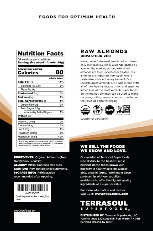 Terrasoul Superfoods Raw Unpasteurized Organic Almonds (Sproutable) 4 Pounds