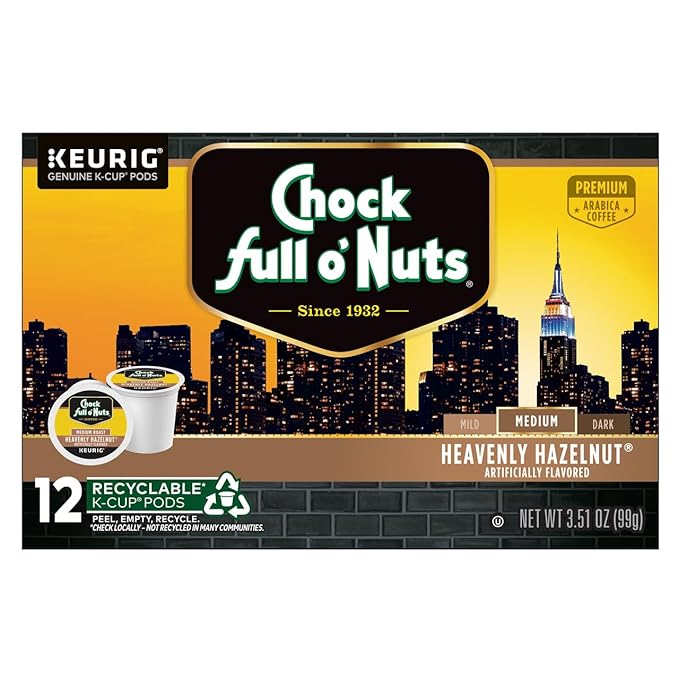 Chock Full o'Nuts Coffee K-Cup Pods (Colombian Donut Shop &amp Heavenly Hazelnut) Variety Pack