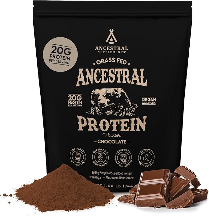 Ancestral Supplements Grass Fed Protein Powder Chocolate Beef Bone Broth Based w/Beef Organs &amp Organic Mushrooms Gut Health Support High Protein Supplement 20g Protein Per Serving 30 Day Sup