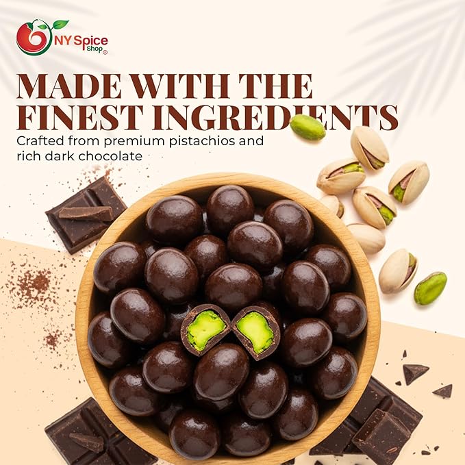 NY Spice Shop Dark Chocolate Covered Pistachios Candy - 8 Ounce Chocolate Pistachio Candy Candies - Gourmet Nuts Bites Movie Night Snacks - Nut Treats Snacks Variety Pack - Sweet Pistachio Candies
