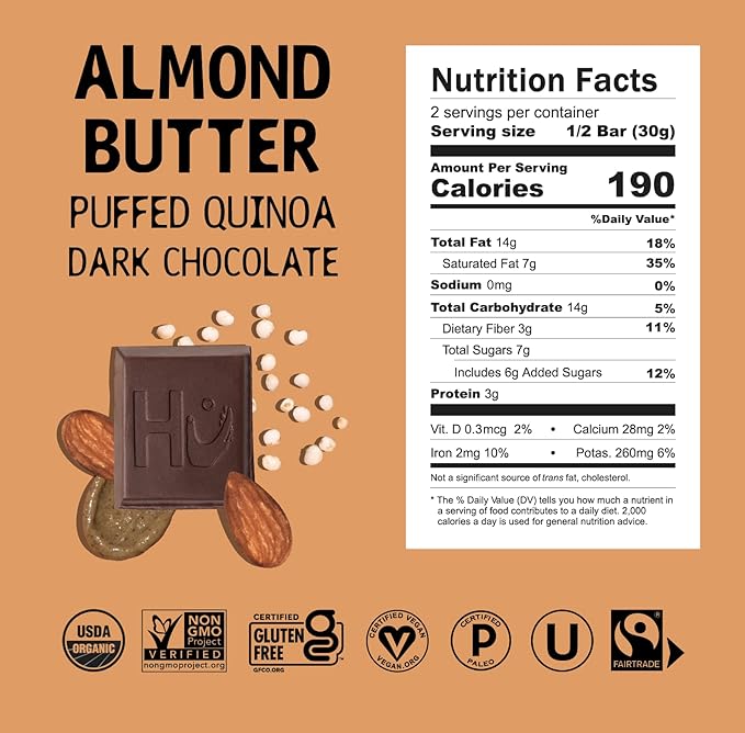 Hu Chocolate Bars | 6 Pack Almond Butter &amp Puffed Quinoa Chocolate | Natural Organic Vegan Gluten Free Paleo Non GMO Fair Trade Dark Chocolate | 2.1oz Each