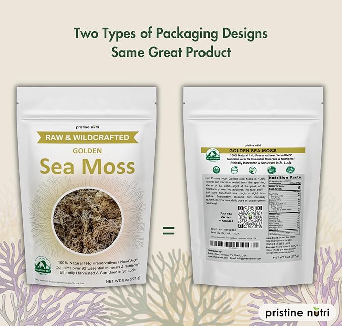 Sea Moss | Raw Wildcrafted Irish Seamoss from St. Lucia | Golden Sun-Dried | Makes 160+ oz of Sea Moss Gel | 100% Natural Vegan Non-GMO | True Mineral-Rich Superfood | 8 oz bulk package