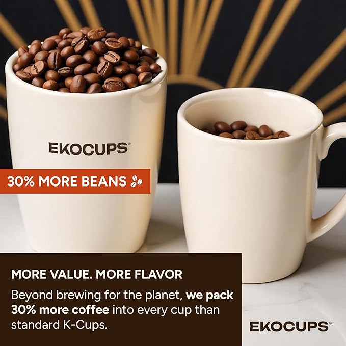 EKOCUPS Organic Swiss Water Decaf Medium Roast Coffee Pods Extra 30% More Coffee Per Cup Artisan Fair Trade Decaf Medium Roast Coffee for Keurig K Cup Machines Recyclable Pods 80 Count
