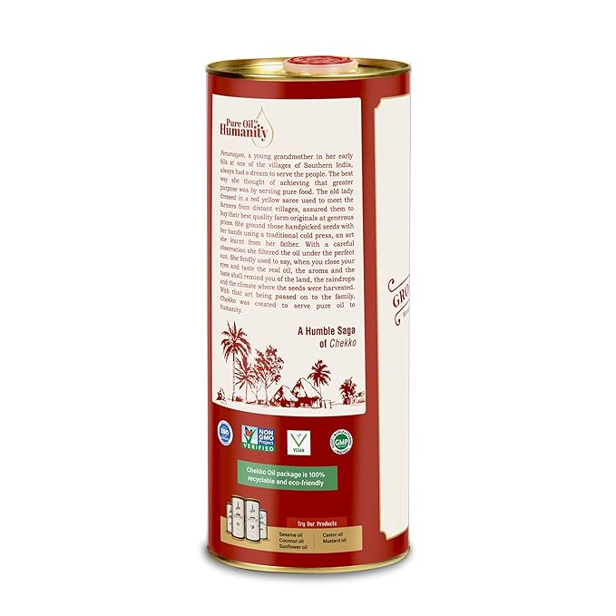CHEKKO 100% Pure Cold-Pressed Peanut Oil (Groundnut Oil) 2 Liter – Natural Cooking Oil for Deep Frying Roasting &amp Everyday Cooking