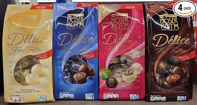 Generic Private Chocolatiers Moser-Roth Delice Fine Truffles Dark Chocolate 70% Cocoa Milk Chocolate White Chocolate Summer Collection 4.9oz 140g (Four Bags) Full Size