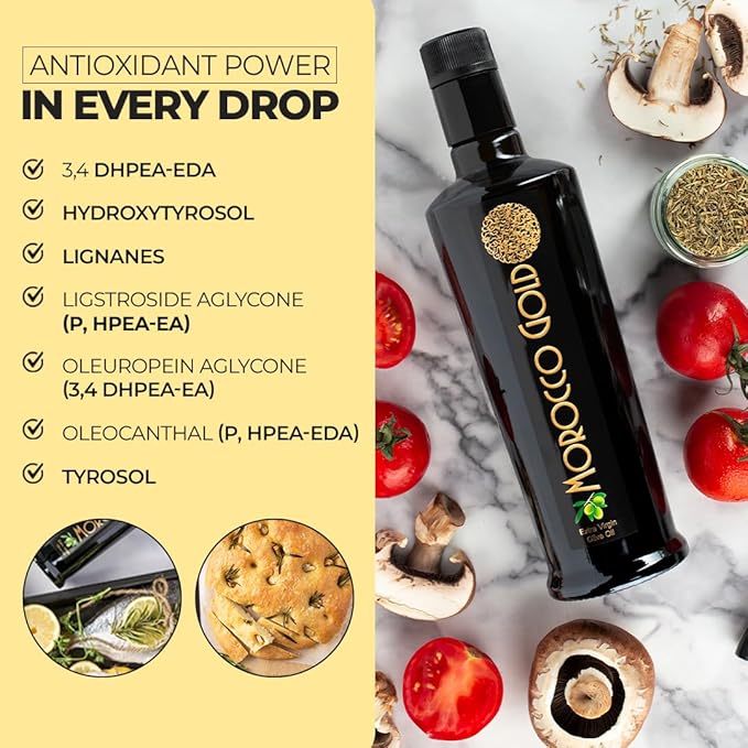 Morocco Gold Early Harvest Extra Virgin Olive Oil – Cold Pressed – Polyphenol Rich 652mg/kg EVOO Fresh Harvest Pure and Natural. 500ml/17 Fl Oz