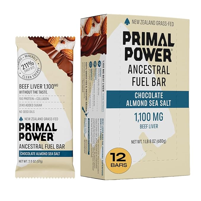 Primal Power Beef Liver Bar 1100mg - New Zealand Grass-Fed 211% DV B12 10g Protein Collagen - Zero Added Sugar No Seed Oils Gluten Free - Chocolate Almond Sea Salt (12 Pack)