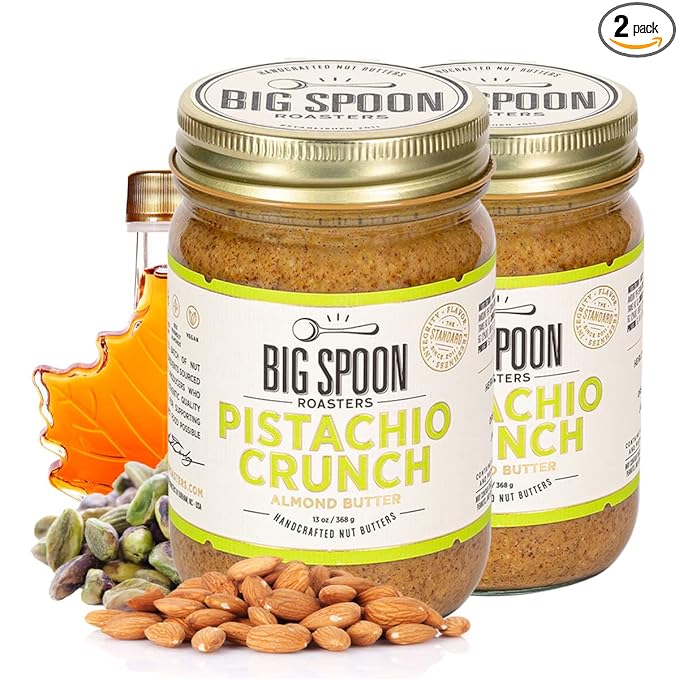Big Spoon Roasters Almond &amp Pistachio Butter w/Raw Honey &amp Sea Salt - Keto Friendly Low Sugar Almond Butter - Crunchy Pistachio Butter w/Bee-Friendly Almonds - Gourmet Vegan Nut Butter - 26