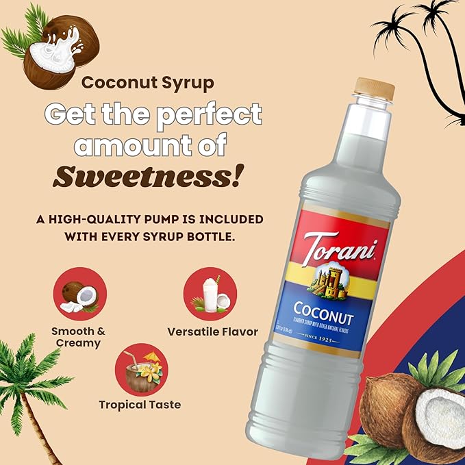 Torani Coconut Syrup 1 Liter Bottle with Pump – Premium Drink Flavoring Made with Pure Cane Sugar &amp Natural Flavors for Coffee Cocktails Smoothies &amp Desserts – Authentic Creamy Coconut Sweet