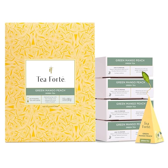 Tea Forte Green Mango Peach Premium Caffeinated Green Tea Blend Event Box Bulk Pack 40 Count 10 per tray Individually Wrapped Handcrafted Pyramid Infusers