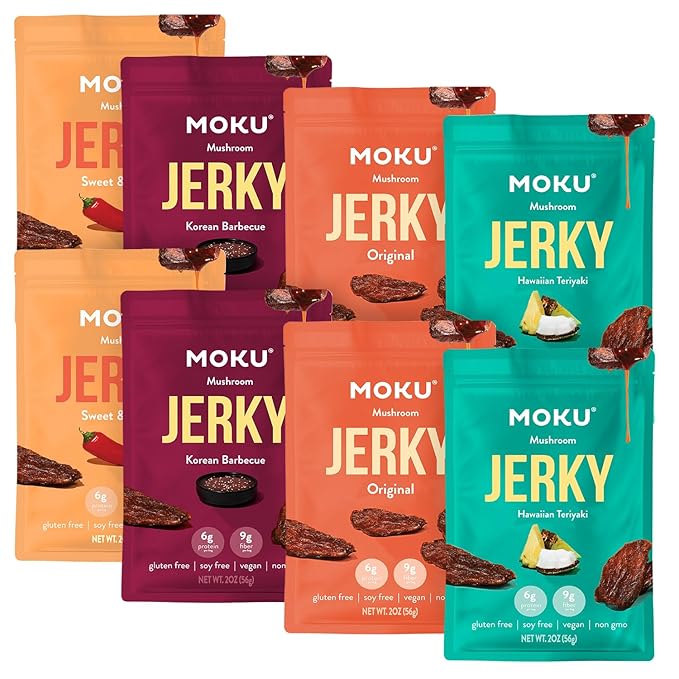 Moku Plant-Based Mushroom Jerky Vegan Gluten Free Soy-Free Non-Gmo No Artificial Sweetener Healthy Snacks 2.0 Oz Ea (8 Count Variety)